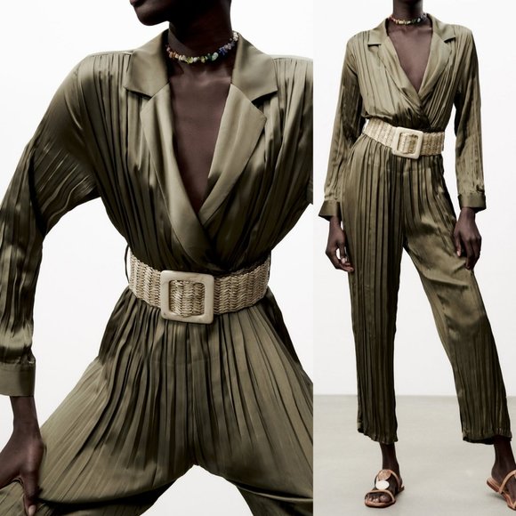 Zara Pants - NEW Zara Olive Green Smooth Silky Satin Pleated Wrinkled Look Belted Jumpsuit S